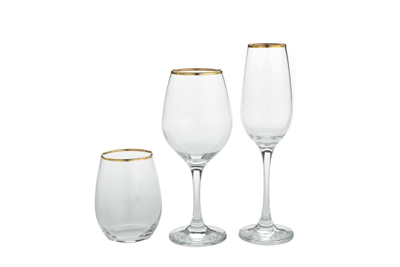 SWEET HOME Varotto & Co. Set 18 Pezzi Bicchieri in Vetro Trasparente con Filo Oro - 6 Calici Flute 20 cl, 6 Bicchieri Acqua 35 cl, 6 Calici Vino 36,5 cl cod.BC02830AU