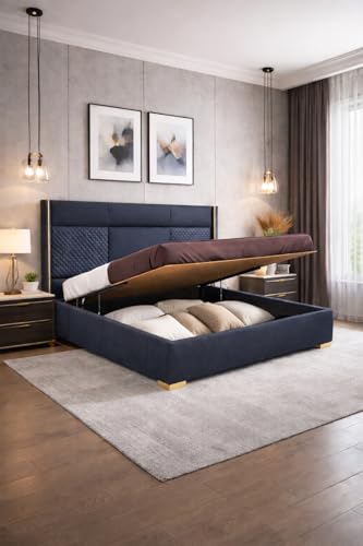 Image of Royal Modern Upholstered Queen Size Bed with Hydraulic Storage for Bedroom | Wooden Double Beds for Home & Hotels | Platform Cot Bed with Upholstery Fabric, 6.5 x 5 Ft | Sheesham, Blue
