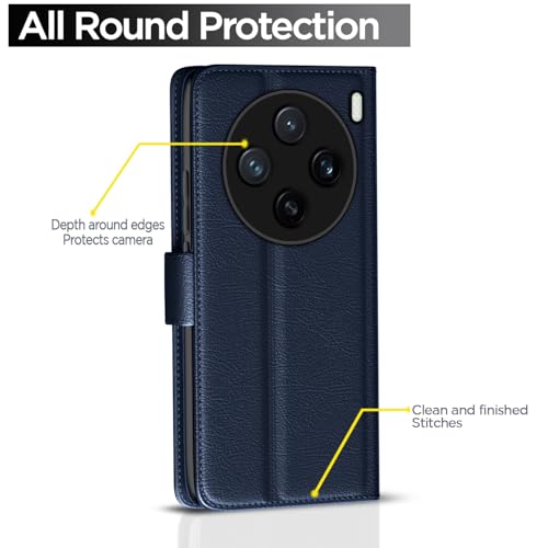 Image of Pikkme Flip Cover Leather Finish | Inside TPU with Card Pockets | Wallet Stand and Shock Proof | Complete Protection Button Flip Case for Vivo X200 5G(Blue)