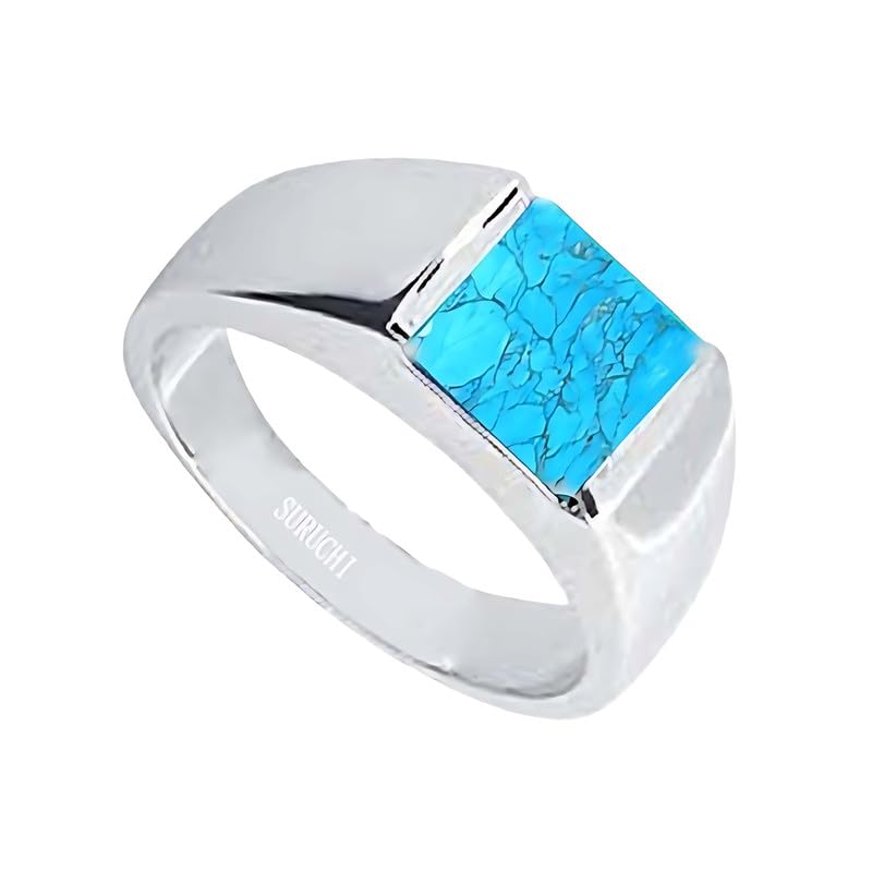 Suruchi Gems & Jewels Sterling Silver Turquoise/Firoza Astrological Gemstone/Square Shape 3.25 Ratti to 10.25 Ratti or 3 Carat to 9.5 Carat 925 Bis Hallmark Ring for Men & Women
