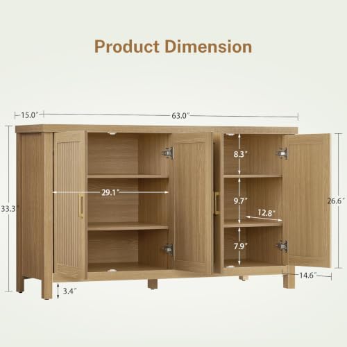 Image of TEENFON 63 inch Buffet Cabinet with Storage, Fluted Sideboard Cabinet with 4 Adjustable Shelves, Modern Coffee Bar with 4 Doors, Coffee Bar Cabinet for Kitchen, Living Room, Natural