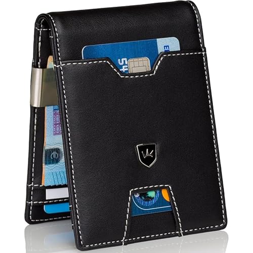 Kronenschein Slim Wallet mit Münzfach & RFID Schutz - Mini Geldbörse Kunstleder Herren Kartenetui - Portmonee klein mit Geldklammer - Geldbeutel für EC-Karten Kreditkarten mit 9 Fächer schwarz