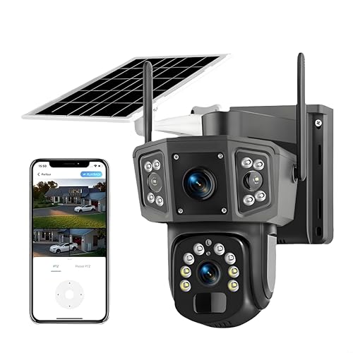 Feegow Cámara de seguridad solar WiFi para exteriores, 4K 360°, impermeable, cámara de vigilancia para el hogar, cámaras PTZ de doble lente, visión nocturna a color, detección PIR, audio de 2 vías