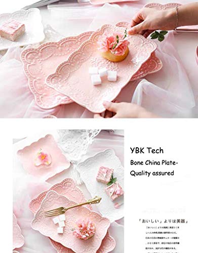 YBK Tech Elegant Rectangle Embossed Lace Plate Bone China Dessert Plate Ceramic Plate for Breakfast Afternoon Tea (Pink, 10-inch) - Image 4