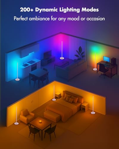 Image of LED Corner Lamp, Smart RGB Floor Lamp with Music Sync, APP & Remote | Floor Lamp Dimmable with 16 Million Color Changing, Music Sync, Standing Lamps for Bedroom, Living Room, Gaming Room - Silver