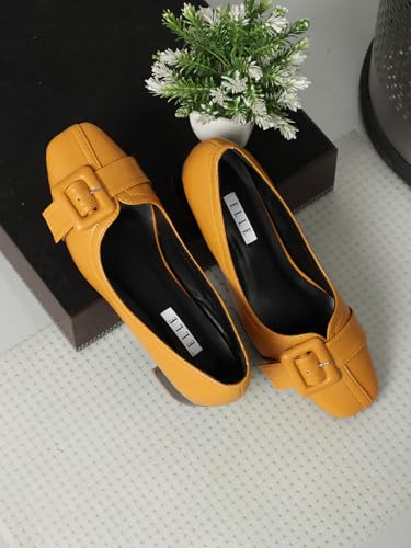 Image of ELLE Women's Square Toe Block Heels Slip-On Pumps with Buckle Detail