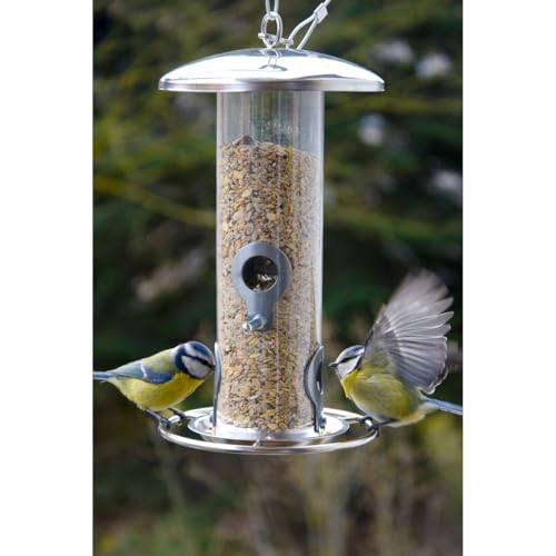 dobar® 10089 Vogelfuttersäule mit Edelstahlschlaufe - Futterstation für Wildvögel - Futterspender Acryglassilo für Sämereien - Futtertablet Stahl für Garten/Terrasse/Balkon - Ø 14 cm x 26 cm - Silber