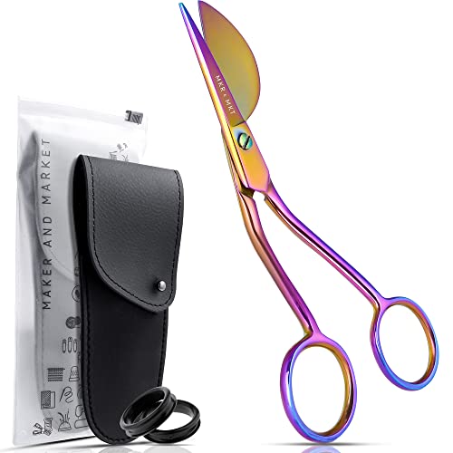 MAKER AND MARKET Applique Pelican Duckbill Blade 5.8 Inch - Double Bent Curved Offset Handle Scissors with Pouch Sleeve for Embroidery Fabric Thread Knitting Sewing Arts & Craft (Rainbow)