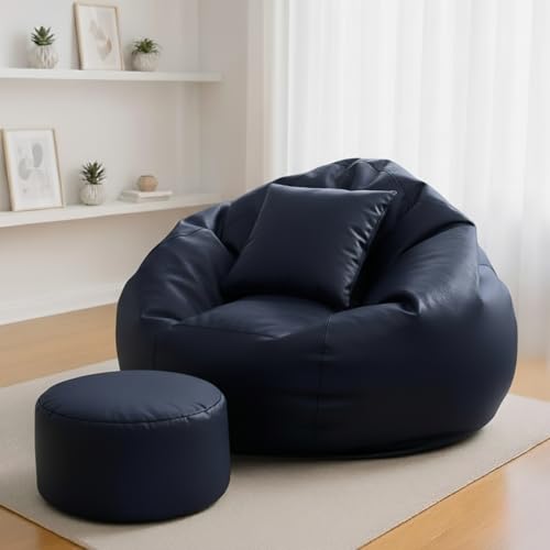 Image of Biggie Bean Faux Leather Bag with Beans Filled 6XL Bean Bag Biggie Originals-Bean Bag with Cushion&Footrest-Official:Beanelysium Range-Comfort Level:Basic-(Matching Cushion Round:Indigo)