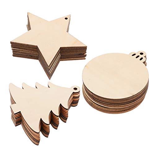 SEWACC 30 Pcs Wooden Christmas Ornaments Unfinished Wood Crafts with Hole Star Mini Christmas Tree s Ball Ornaments Slices DIY Crafts Party Decorations