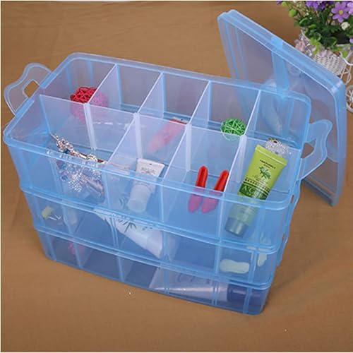 Image of 30 grid 3 layer plastic box for jewellery cells multipurpose plastic storage box with removable dividers for medicine pills, jewelry, pins, screws, cosmetics, stationery items,color-blue.