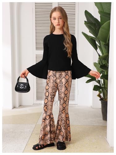 Image of WDIRARA Girl's 2 Piece Flounce Sleeve Top and Leopard Print Bell Leg Bottom Pants Set