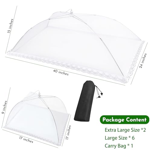 Mesh Food Covers for Outside - 8 Pack Upgraded 2 Extra Large 40x24 in & 6 Large 17x17 in Food Tent Food Cover Outdoors Party Collapsible Picnic Nets Umbrella Mesh Screen Pop Up Food Dome (White)