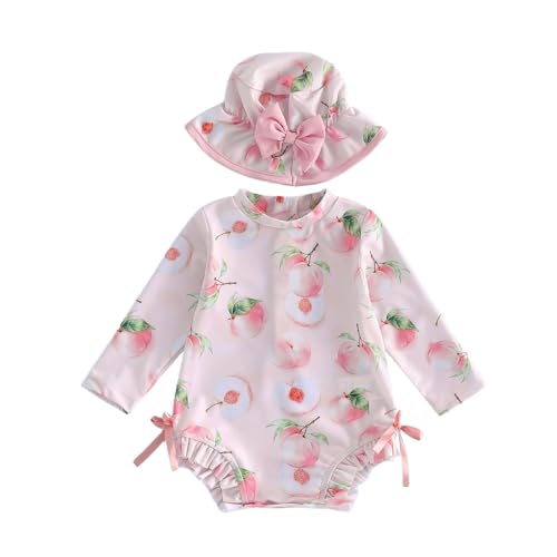 Image of fhutpw Baby Girl Swimsuit One Piece Fruit Printed Long Sleeve Rash Guard with Hat Infant Toddler Beach Bathing Suit