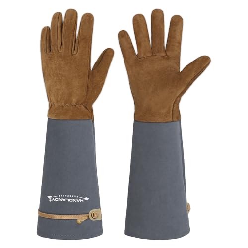 HANDLANDY Long Gardening Gloves for Men & Women, Pigskin Leather Rose Pruning Gloves, Breathable Thorn Proof Gauntlet Glove (Steel Gray, S) Small (Pac