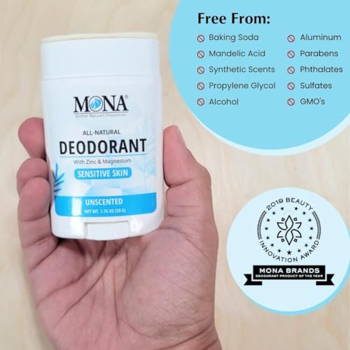 Image of MONA BRANDS All Natural Deodorant For Women & Men | For Sensitive Skin | No Aluminum or Baking Soda | (2-Pack UNSCENTED 1.76 Oz each)
