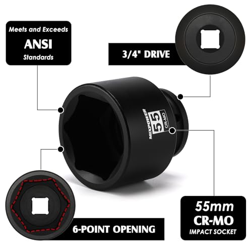 Image of MIXPOWER 3 /4 inch Drive Shallow Impact Socket, 55mm, CR-MO, Metric, 6 Point, Axle Nut Impact Grade Socket for Easy Removal
