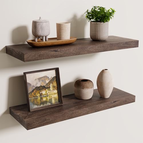 Image of Floating Shelves for Wall, 24in Reclaimed Elm Wood Shelves, Walnut, 2PCs | 8in Deepth Rustic Solid Elm Wood Shelves for Storage, Wall Display Shelving, Invisible Metal Bracket