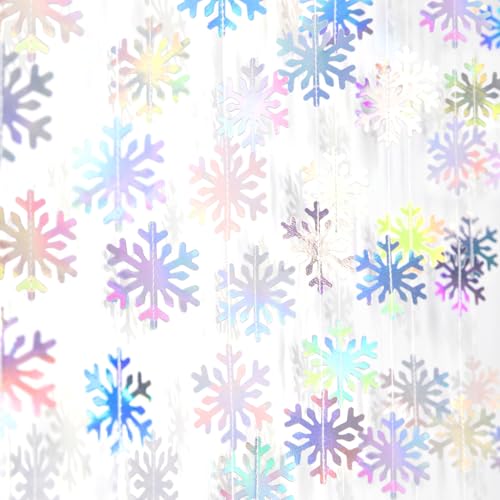 Image of Snowflake-Snow Iridescent-Holographic Christmas Party-Decoration Garland - 52ft Winter Wonderland Frozen Ornaments Hanging Paper Streamers,New Years Birthday Baby Shower Dance Ceiling Decor Hugfond