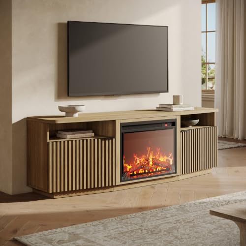BELLEZE Fluted TV Stand with 23" Electric Fireplace Heater with Sound, 68" Entertainment Center for TV Up to 75", Media Console Table with Cable Management for Living Room, Bedroom - Camel