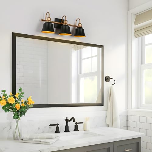Image of KSANA Bathroom Light Fixtures, 3 Light Vanity Lighting Fixtures Over Mirror, Modern Farmhouse Vanity Lights for Bathroom, Bedroom, Matte Black and Dark Gold Finish