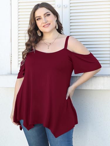 Image of LARACE Cold Shoulder Tops for Womens Summer Clothes Spaghetti Strape Tunic Oversized Shirts Asymmetrical Plus Size Blouse