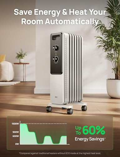 Image of DREO Oil Filled Radiator Heater, Electric Heaters for indoor use Large Room | Dual Knobs, Energy Saving, 1500W Quiet Oil Filled Radiator for Bedroom, Adjustable Thermostat, 8 Safety Protection, White