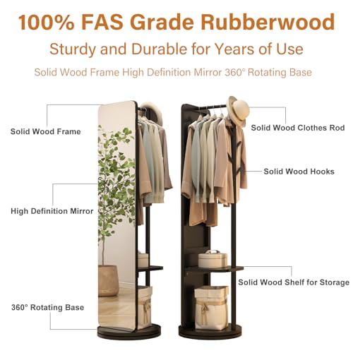 Image of AnywaysWood 70 inchx19 inchFull Length Mirror with Stand,Coat Rack with Mirror,Solid Wood Floor Mirror,Swivel Mirrorfor Bedroom, Living Room, Cloakroom