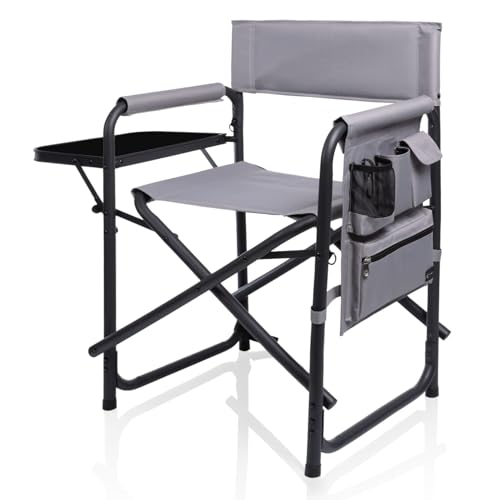 Image of Picnic TIME Sports Chair with Side Table and Armrest Caddy, Lightweight Aluminum Folding Outdoor Camping Chair for Adults, Portable Director Style Lawn Seating with Pockets & Carry Strap, (Gray)