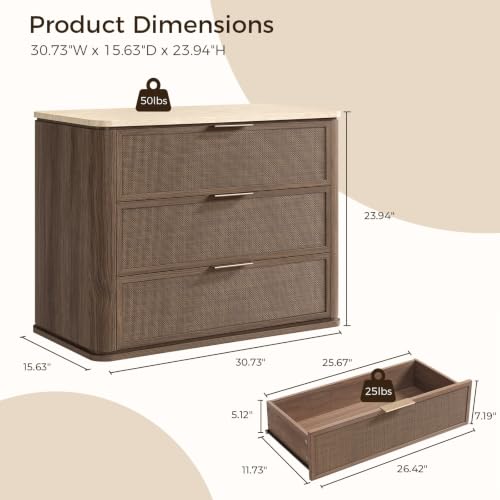 Image of Night Stand Set of 2, 30.71 inch W Rattan Nightstand with 3 Drawers, Faux Marble Top Bedside Table, Boho Mid Century End Table for Bedroom Living Room Sofa Office, Dark Oak [FSC Certified]