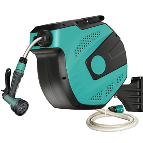 Carrito portamangueras de Pared con Organizador de tuberías, telescópico automático, Giratorio 180°, para jardín, con Pistola de Agua (Carrito Azul + tubería de 30 m)