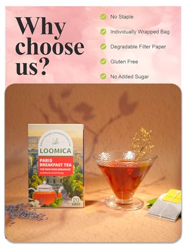 Image of LOOMICA Paris Breakfast Black Tea, Smooth Black Tea Blend with & Natural Lavender, Refreshing Bergamot & Sweet Vanilla, Rich Morning Tea, Perfect with Milk or Honey, No Artificial Sugar Added, 20 Count