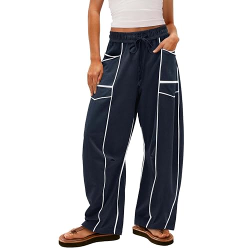 Image of Barrel Pants Women Casual Cargo Wide Leg Baggy Sweatpants Drawstring High Waisted Lounge Palazzo Pants with Pockets