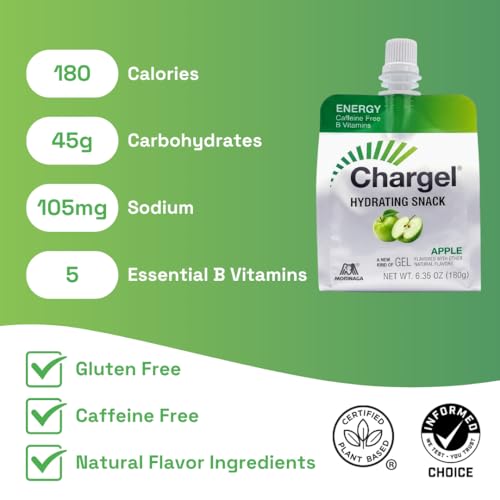 Image of Chargel Apple, Caffeine-Free Instant Energy Gel Running, Biking, Workout, Hiking Essentials for Women & Men, Gifts for Runners - Carbs Vitamins, Gluten Free - Pack of 6 Gels - 6.35oz Each
