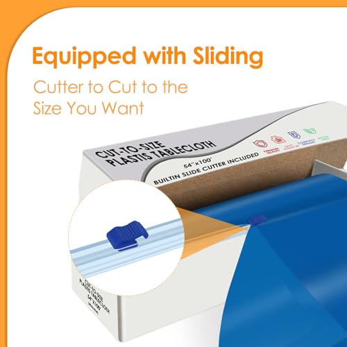 Image of tujol Blue Disposable Plastic Table Cloth Roll 54 inch X 100', Plastic Table Cover with Cutter Box, Cut to Size Disposable Tablecloth for Parties