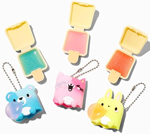 Claire's Pucker Pops Bubble Gum Lip Gloss Set for Girls Keyring Lip Glosses for Kids Featuring Bear Cat and Bunny Characters (3 Pack)