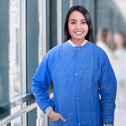 Amz Medical Supply Disposable Lab Coats For Adults X-Large, Blue Medical Disposable Clothing 10 Pack, Splash-Proof Sms 40 Gsm Lab Coats Disposable With Long Sleeves, Knit Collar, Cuffs, 3 Pockets #TOP5