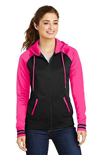 Sport-Tek?LST236 Ladies Sport Wick?Varsity Fleece Full Zip Hooded Jacket, XL, Black/ Neon Pink