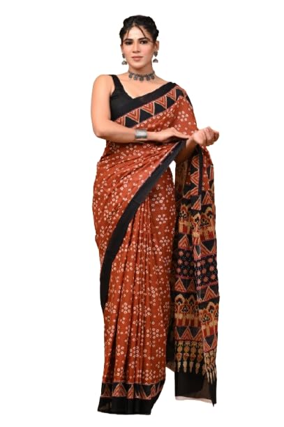 printed threads Women's Hand Block Print Cotton Mulmul Saree with Blouse Piece | Soft & Lightweight Traditional Saree-picture-52