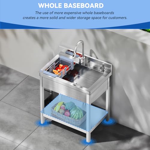 Image of Stainless Steel Utility Sink, 28 inchFreestanding Sink with Retractable Cold and Hot Water Faucet,Hoses and Drain Kit for Kitchens, Bathrooms, Garage, Laundry Room