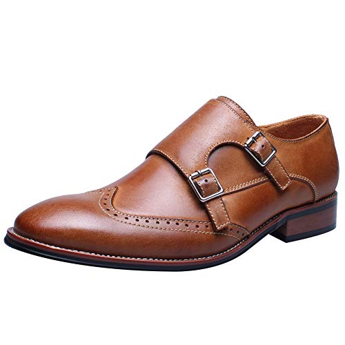 Image of Men's Smart Monk Brogues Genuine Leather Wooden Heel Formal Dress Shoes