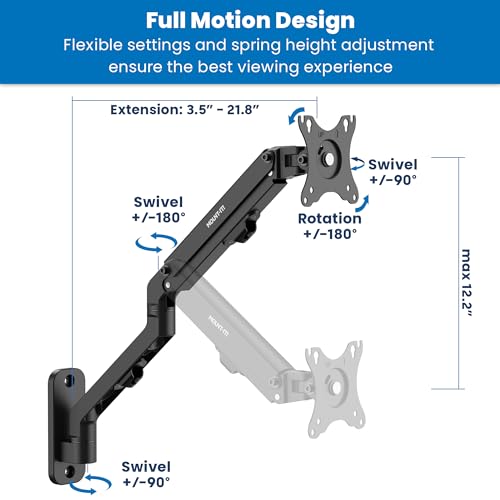 Image of Mount-It! Single Monitor Wall Mount, Computer Monitor Wall Mount Arm, Vesa 100x100 75 x 75 - Pole Mounting, Full Motion Vesa Wall Bracket for 17 inch to 32 inch Screens, Curved Displays, 15.4 lb max