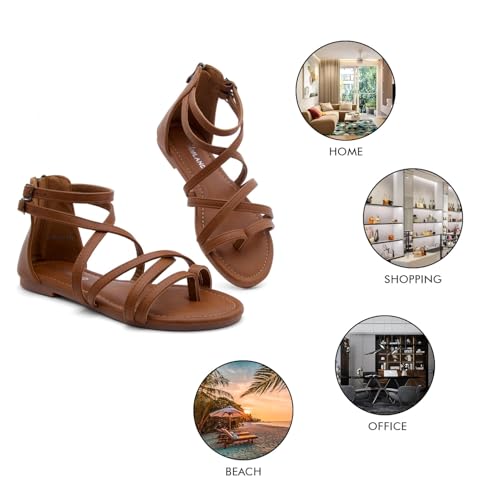 Image of Shoe Land Gladiator Sandals for Women - Strappy Flat Sandals with Ankle Strap & Back Zipper | Fisherman Thong Strappy Style for Walking, & Daily Wear | Trendy 2025 Summer