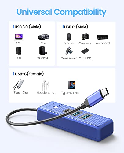 Image of ORICO USB C Hub 3 Ports USB 3.1 Type C to USB 3.0 Hub Adapter with 2 USB A, 1 Type C for Laptop, Mobile Phone, Tablet with 0.5ft Cable, Compatible with Mac OS 10.X and Above, Linux, Android-Blue
