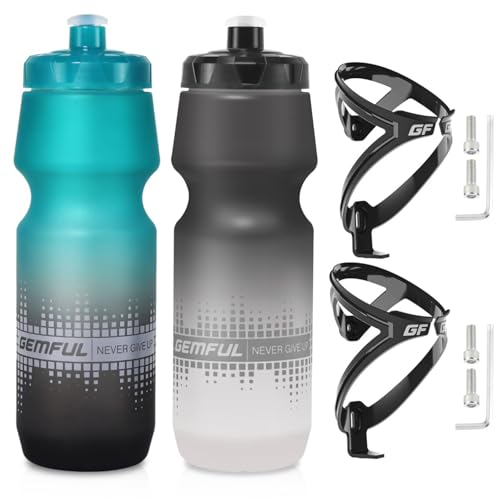 GEMFUL Bike Water Bottle Holder and Bicycle Bottle Combo 2 Pack Squeeze Cycling Water Bottle Cage 24oz 750ml Bpa Free Leakproof for Mountain Road Bikes Riding Cycle