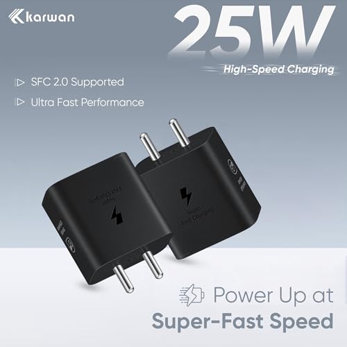 Image of KARWAN 25W Super Fast Charger with Cable [2Yrs Warranty] SFC 2.0 Adapter Compatible with Samsung Galaxy S /A /M /F /Z Series,S25 /S24 /S23 /S22 /S21 /Fe /Plus /Edge /Ultra /Flip /Fold & More, BIS Certified Charger