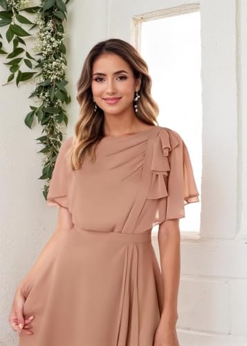 Chiffon Mother of The Bride Dresses Ruffle Short Sleeves Pleated Evening Gown Crew Neck Formal Dress for Wedding3