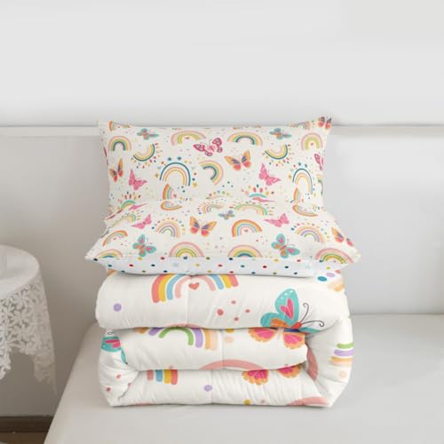 Image of Erosebridal Cartoon Butterflies Queen Comforter Set for Kids Teens Adults,Kids Cute Rainbow Bedding Set,Kawaii Wildlife Duvet Insert,Flying Butterfly Bed Set for All Season