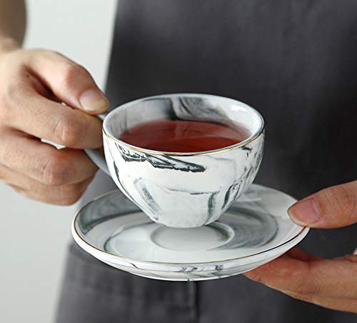 FUYU Gold Edge Marble Ceramic Espresso Coffee Cup and Saucer Set Tea Cup