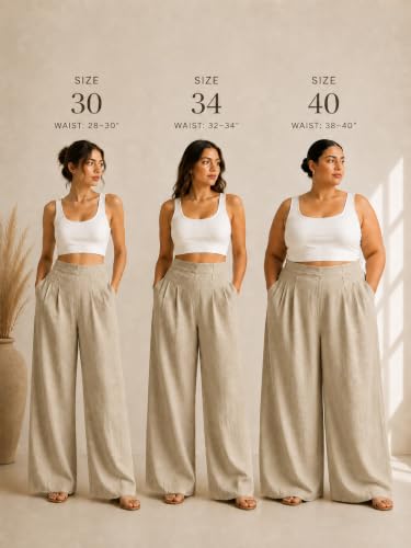 Image of Women's Relaxed Fit Pure Cotton Linen Flared Palazzo Pants for Woman | Wide Leg Casual Trousers with Pockets | Plazo Pants for Women | High Waisted Office & Travel Wear (Available in Plus Sizes)